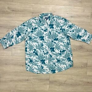 Lands' End Floral Teal Top Shirt Blouse Plus Size 18P 18 Petite 3/4 sleeves
